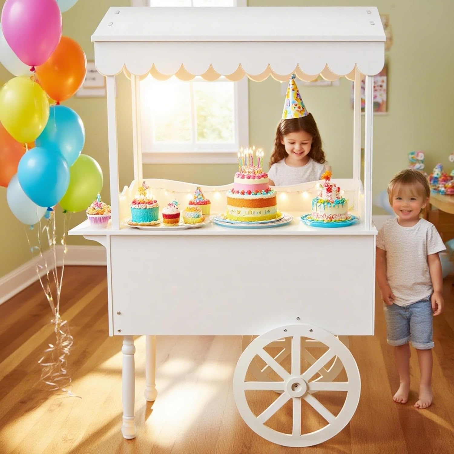 7FT Candy Cart Display Stand with Decorated Wheels, Dessert and Party Decoration Cart with 100 Ballons, Easy to Install Vintage for Parties, Birthdays, Weddings, (White)