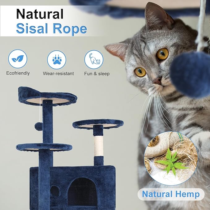 FDW Cat Tree 54in Cat Tower Multi-Level Durable Cat Scratching Post & Cozy Fun Cat Jumping Platform Space Saving Cat Condo Pet Play House for Indoor Cats,Navy Blue-PawvioPets