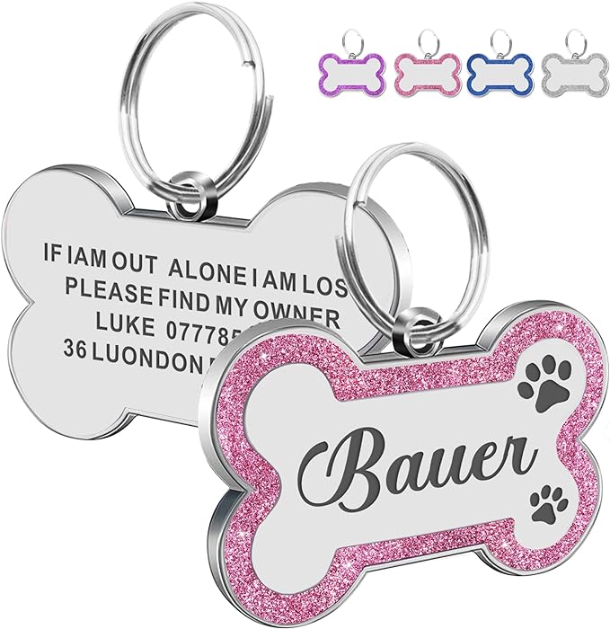 Dog Tags Personalized for Pets Dog Name Tags Personalized Dog Tag Engraved with Any Name & Text Custom Dog ID Tags Glitter Bone ID Tag for Puppy Cat (Pink S, Bone)-PawvioPets