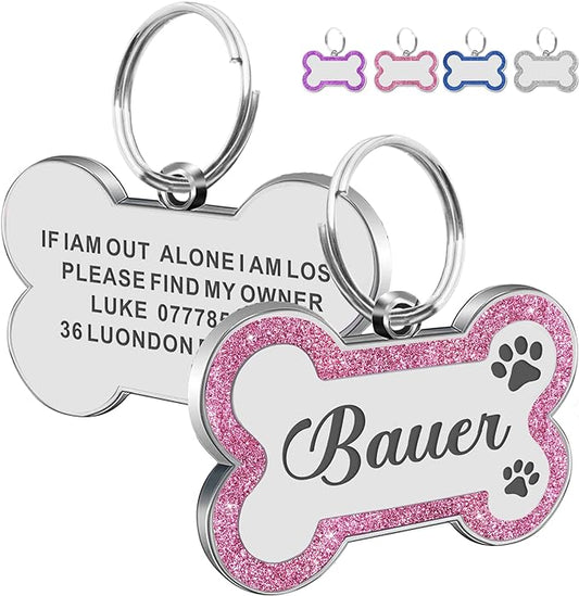 Dog Tags Personalized for Pets Dog Name Tags Personalized Dog Tag Engraved with Any Name & Text Custom Dog ID Tags Glitter Bone ID Tag for Puppy Cat (Pink S, Bone)-PawvioPets
