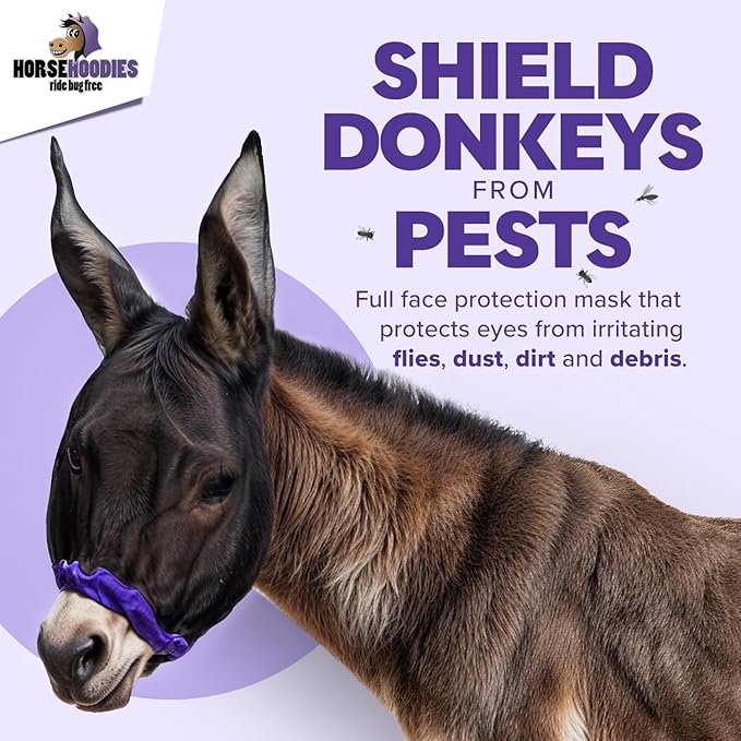Donkey Fly Mask with Long Ears (Purple) Half Hoodie for Standard Donkey, Made in USA - Mule Fly Mask with Ears Protection from Insects and Bugs, Face Cover Soft Mesh Fabric with Adjustable Fastener-PawvioPets