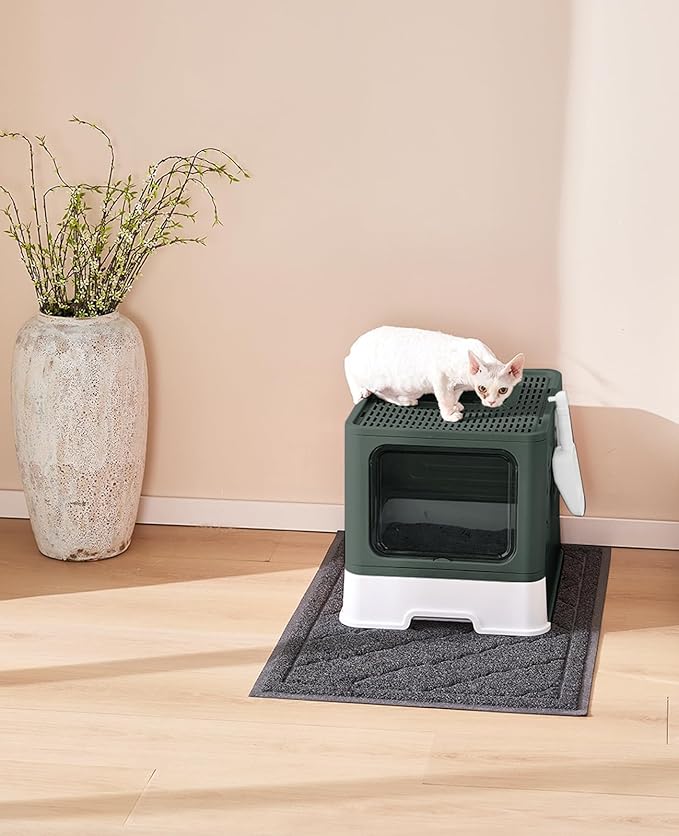 Cat Litter Box with X-Large Litter Mat and Scoop, Large Foldable Litter Box with Lid, Enclosed Kitty Box,Front Top Entry Exit, Odor Control Easy to Clean (Upgrade Olive Green)-PawvioPets