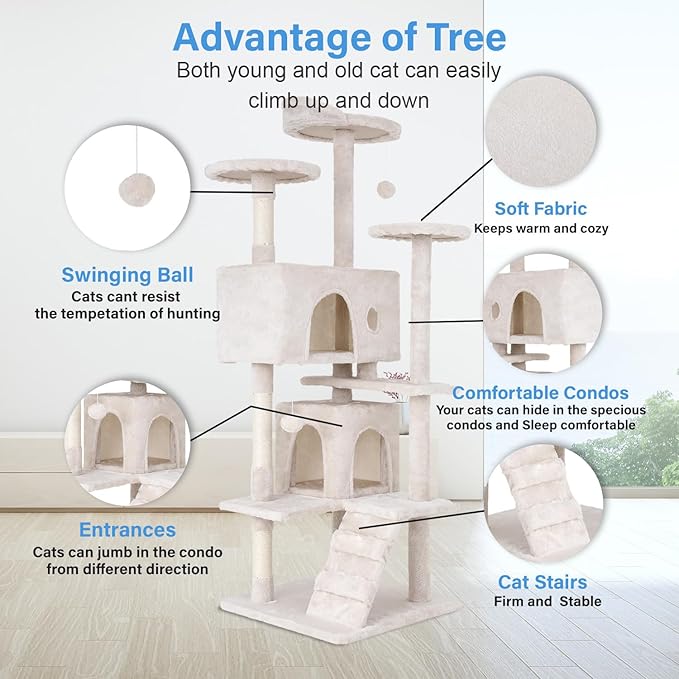 FDW Cat Tree 54in Cat Tower Multi-Level Durable Cat Scratching Post & Cozy Fun Cat Jumping Platform Space Saving Cat Condo Pet Play House for Indoor Cats,Beige-PawvioPets