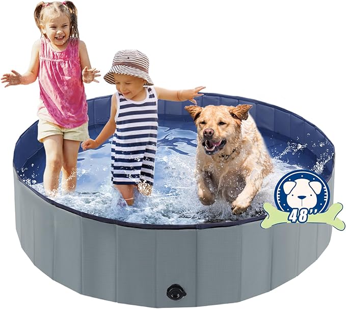 Foldable Dog Bath Swimming Pool Plastic Kiddie Pool Professional Tub Collapsible Grooming Bathtub for Pets Kids Baby and Toddler, 48 x 12 Inches Gray-PawvioPets