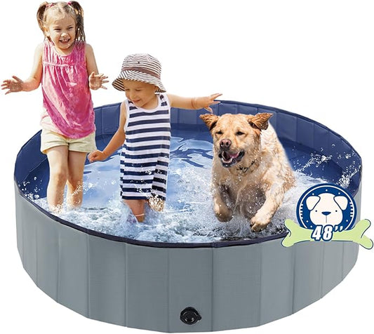 Foldable Dog Bath Swimming Pool Plastic Kiddie Pool Professional Tub Collapsible Grooming Bathtub for Pets Kids Baby and Toddler, 48 x 12 Inches Gray-PawvioPets