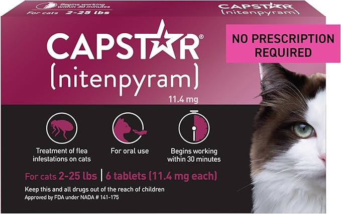 CAPSTAR (nitenpyram) Oral Flea Treatment for Cats, Fast Acting Tablets Start Killing Fleas in 30 Minutes, Cats 2-25 lbs, 6 Doses-PawvioPets