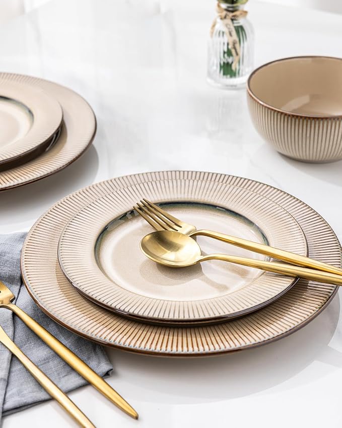 GBHOME Ceramic Dinnerware Sets, 18 Piece Embossed Elegant Stoneware Plates and Bowls Sets, Housewarming Wedding Gift | Dishwasher & Microwave Safe | Dishes Set Service for 8-PawvioPets