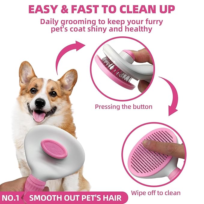 Bath Grooming Kit for Pets - Hair Brush Set with Towel, Washing Gloves, and Shampoo Scrubber Brush for Dogs and Cats (Pink)-PawvioPets
