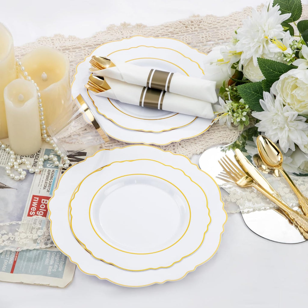 Liacere 350PCS Gold Plastic Plates-Disposable White and Gold Plates 50guest Baroque Plastic Dinnerware include 100Plates, 50Pack Pre Rolled Napkins with Silverware 50Cups for Wedding&Thanksgiving