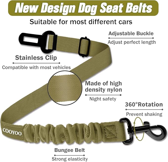 COOYOO Dog Seat Belt,Retractable Dog Car Harness Seat Belt for Car Adjustable Nylon Pet Safety Seat Belts Heavy Duty & Elastic Bungee Buffer-PawvioPets
