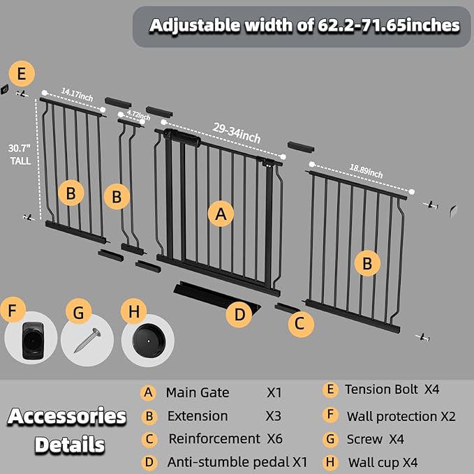 62.2"-71.65" Extra Wide Auto Closing Baby Safety Gate for Stairs & Doorways, Pressure Mounted No Drill Pet Gate with Walk-Through Door - Heavy Duty Childproof Gate for Toddlers, Kids, Dogs (Black)-PawvioPets