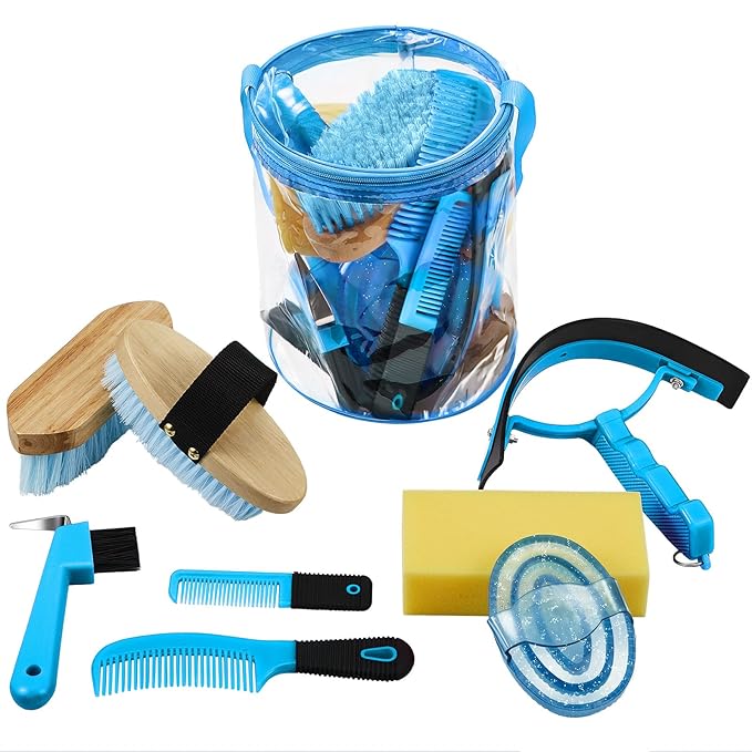 9 Pieces Horse Grooming Kit Tack Room Supplies Set with Organizer Tote Bag, Oval Massage Curry, Hard and Soft Brush, Hoof Pick, Sweat Scraper, Bathing Sponge, Combs for Horse Riders Beginners (Blue)-PawvioPets