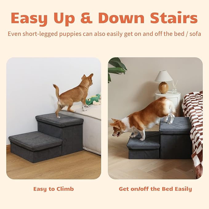 Foldable Dog Stairs/Steps 2-Tier Pet Steps Storage and Adjustable Steps for Small Medium Dogs Pet Steps Storage Stepper for High Beds Sofa Pet Dog Cat-PawvioPets