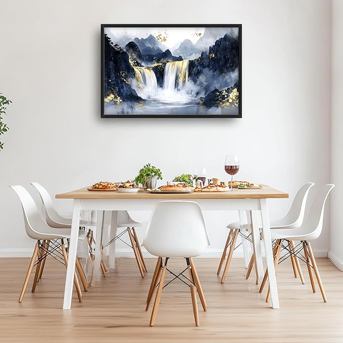 Extra Large Abstract Golden Waterfall Framed Wall Art for Living Room,Oversized Foggy Mountain Pictures Wall Decor,Canvas Print Painting Modern Artwork Bedroom Office Bathroom 36L" x 24W"-PawvioPets