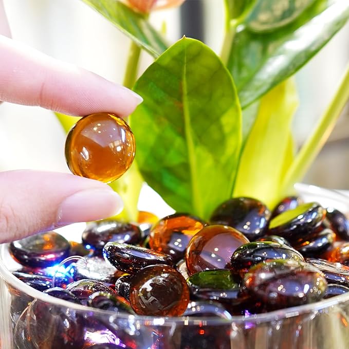 2LB Amber Flat Glass Marbles for Vases, Gemstone Beads Vase Filler Decorative Glass Pebbles for Fish Tank, DIY Crafts, Autumn Centerpieces, Aquarium Decor Rocks-PawvioPets