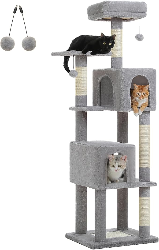 62-Inch Cat Tree for Indoor Cats, Large Cat Tower with Scratching Posts for Large Cats, 2 Bigger Plush Condos, Padded Platform, Soft Cat Bed and Scratching Pad, 2 Pompoms, Gray-PawvioPets