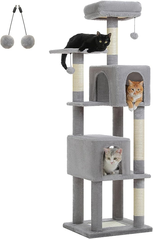 62-Inch Cat Tree for Indoor Cats, Large Cat Tower with Scratching Posts for Large Cats, 2 Bigger Plush Condos, Padded Platform, Soft Cat Bed and Scratching Pad, 2 Pompoms, Gray-PawvioPets