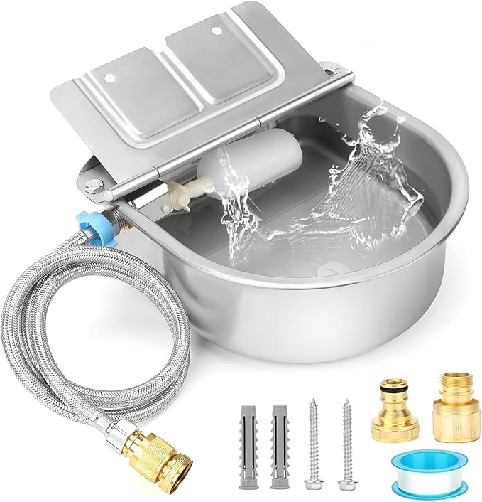 FHTONGE 304 Stainless Steel Automatic Dog Water Bowl Dispenser with Drainage and Float Valves, Large Auto Fill Dog Waterer for Outdoor Big Dogs Livestock Poultry Horse Cow Goat Pig Chicken Duck Rabbit-PawvioPets