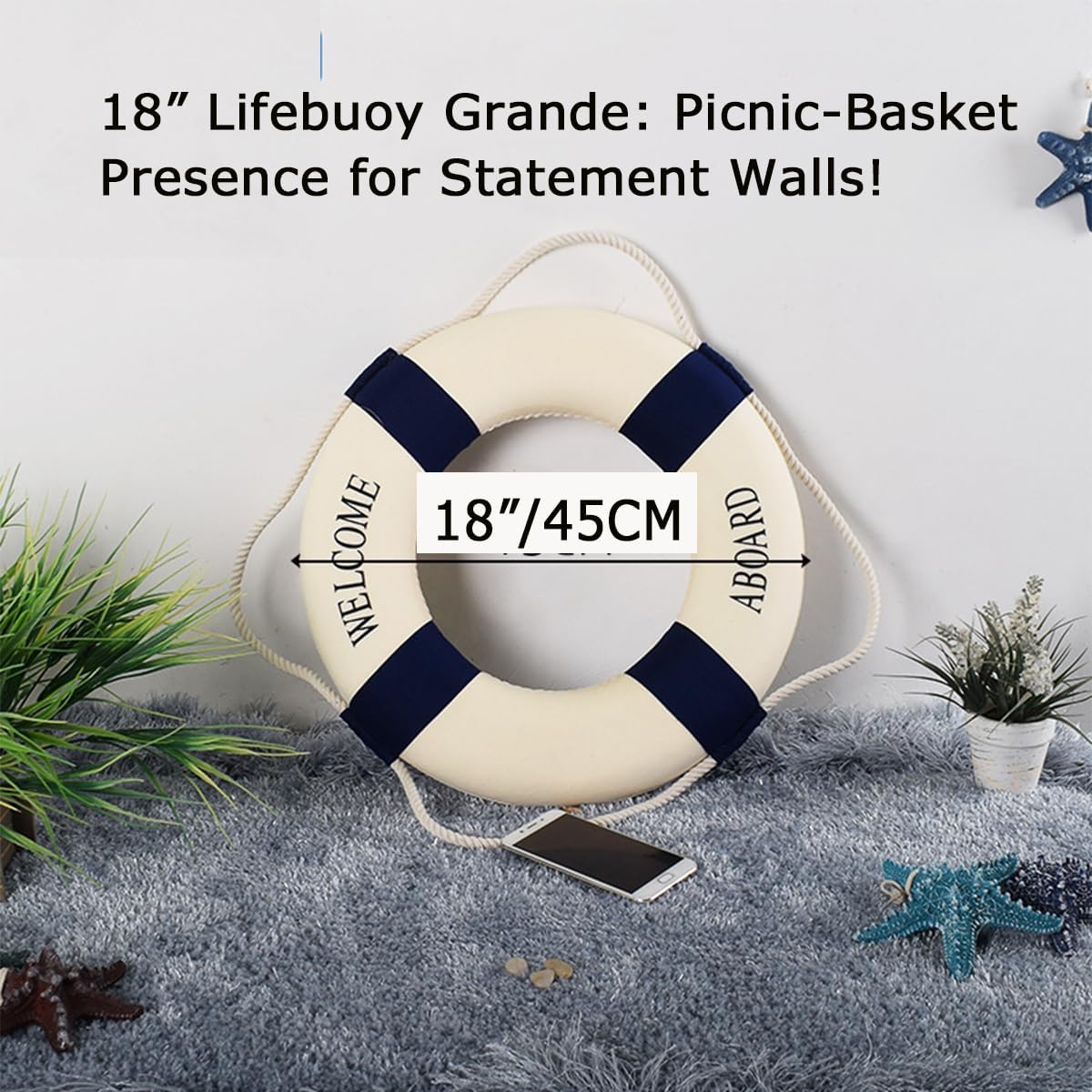 MorroMorn Lifebuoy Wall Hanging Decor - Welcome Aboard Mediterranean Style Home Decoration (Navy, 18")