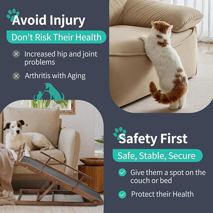 Dog Ramp, 5 Level Adjustable Height Folding Pet Ramp for High Bed, Portable Paw Ramps Large Bed Ramp for Medium & Large Old Dogs & Cats - Natural Wood Furniture Quality-PawvioPets