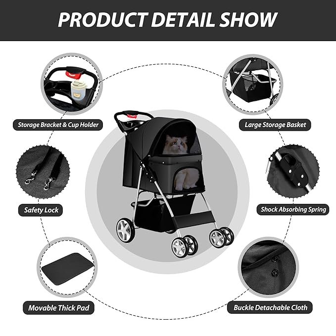 4 Wheels Pet Stroller for Small Medium Dogs Cats 10-33 lbs, Foldable Dog and Cat Stroller with Cup Holder & Storage Basket & Breathable Mesh, Pet Strolling Cart for All-Season, Black-PawvioPets