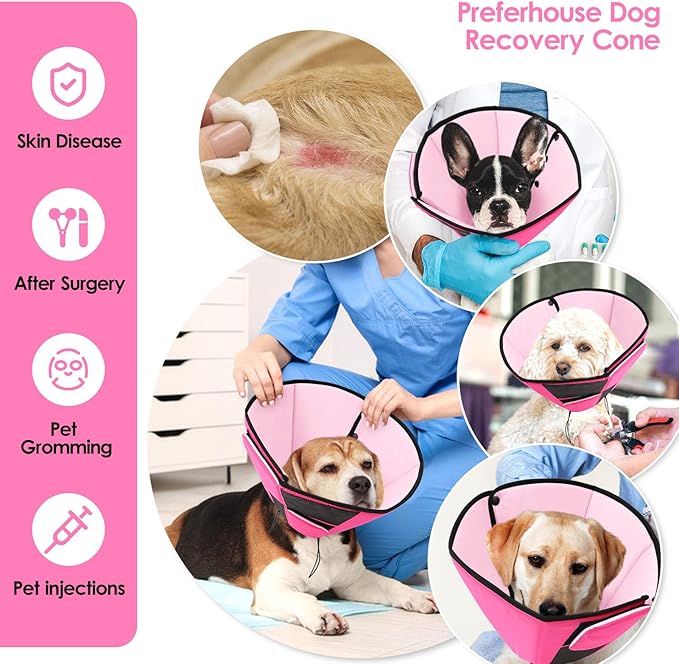 Dog Recovery Collar Cone for Medium Dogs, Adjustable Dog Cone Alternative After Surgery for Dogs to Stop Licking, Breathable Soft Cone for Medium Large Dogs, Pink M-PawvioPets