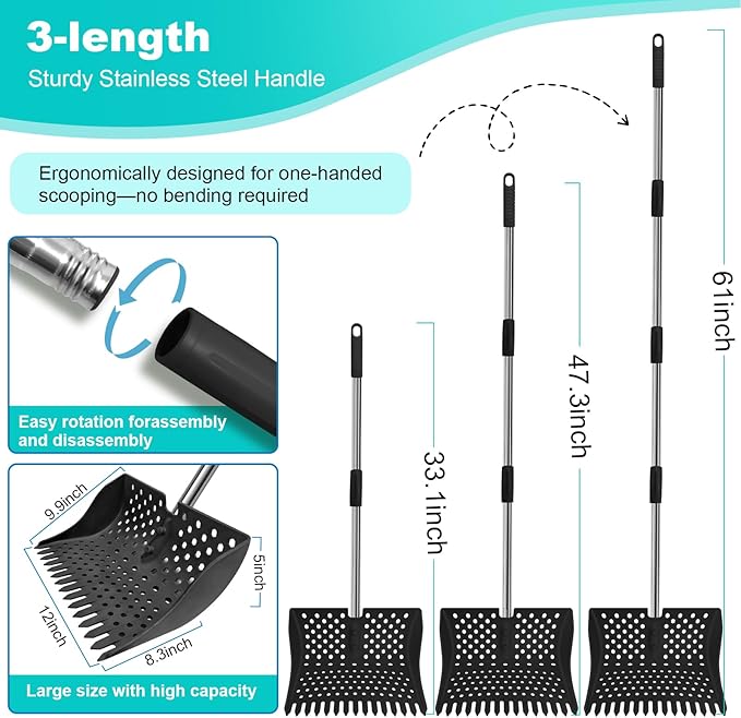 12-Inch 2-in-1 Chicken Poop Scooper & Rake – US Patent Pending – 3-Shape Sifting Holes Chicken Coop Rake，Stainless Steel Handle （20–61"）– Litter Scoop Sand & Sifting Shovel for Chicken Coops (Black)-PawvioPets