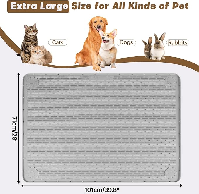 Cat Food Mat, 40" x 28" Extra Large Silicone Pet Feeding Mat with Raised Edge Pet Placemat for Food and Water Bowl Non-Slip, Easy to Clean, Floor Protection (Grey)-PawvioPets