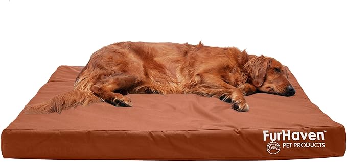 Furhaven Water-Resistant Cooling Gel Dog Bed for Large Dogs w/ Removable Washable Cover, For Dogs Up to 95 lbs - Indoor/Outdoor Logo Print Oxford Polycanvas Mattress - Chestnut, Jumbo/XL-PawvioPets