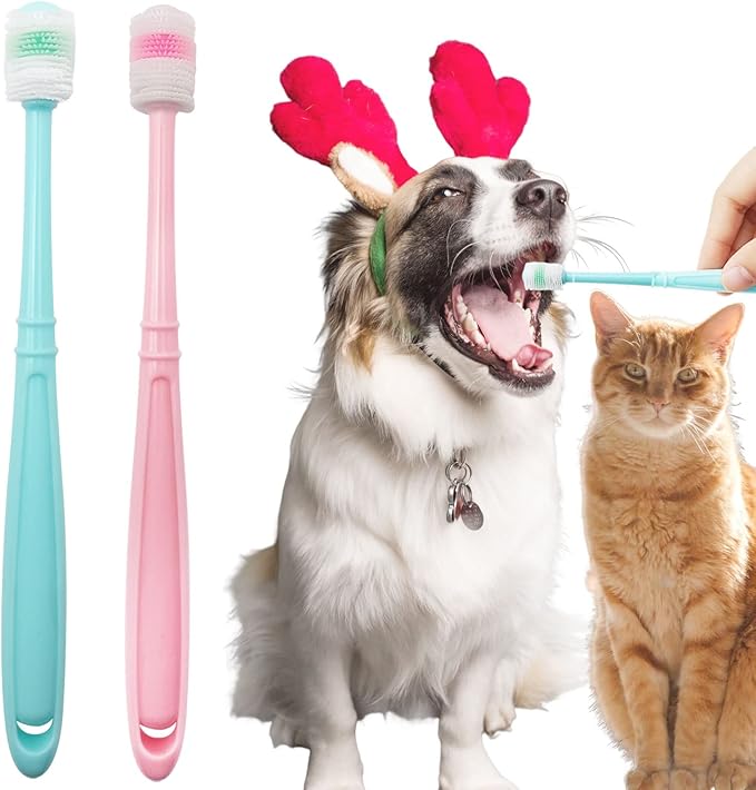 BLMHTWO 2 Pieces Cat Toothbrush, Dog Toothbrush 360-Degree Dog Toothbrushs Small with Independent Transparent Packaging Box and PP Handle Silicone Toothbrushs for Small Dogs (Green and Pink)-PawvioPets