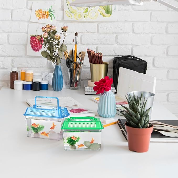 5pcs Small Fish Carrier with Breathable Lids, Portable Betta Fish Tank, Clear Breeding Boxes for Lizard, Turtle, Tarantula（Assorted Color）-PawvioPets