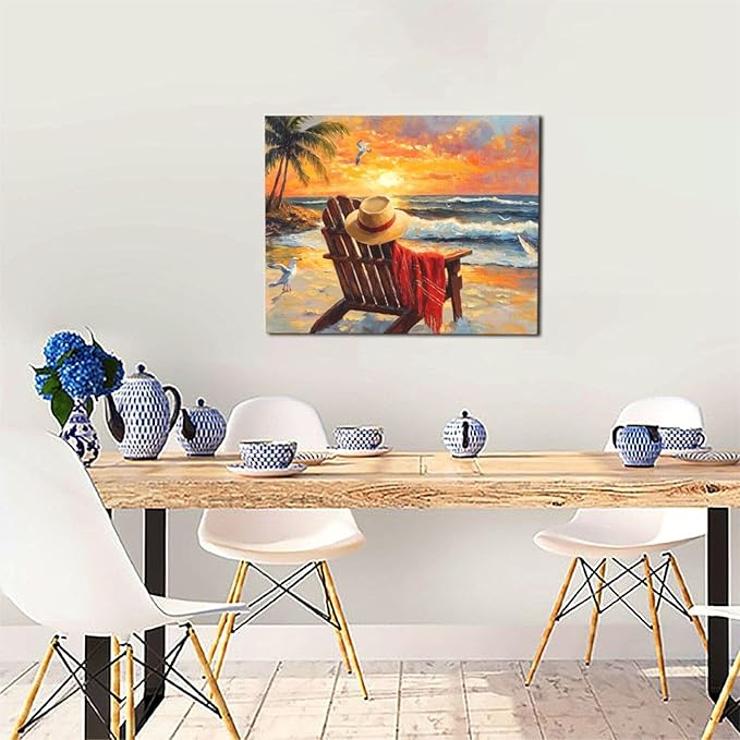 Beach Coastal Bathroom Pictures Wall Art, Seaside Ocean Bathroom Wall Decor, Sunrise Palm Framed Painting Canvas Artwork for Bedroom Living Room Decorations 20"L x 16"W-PawvioPets