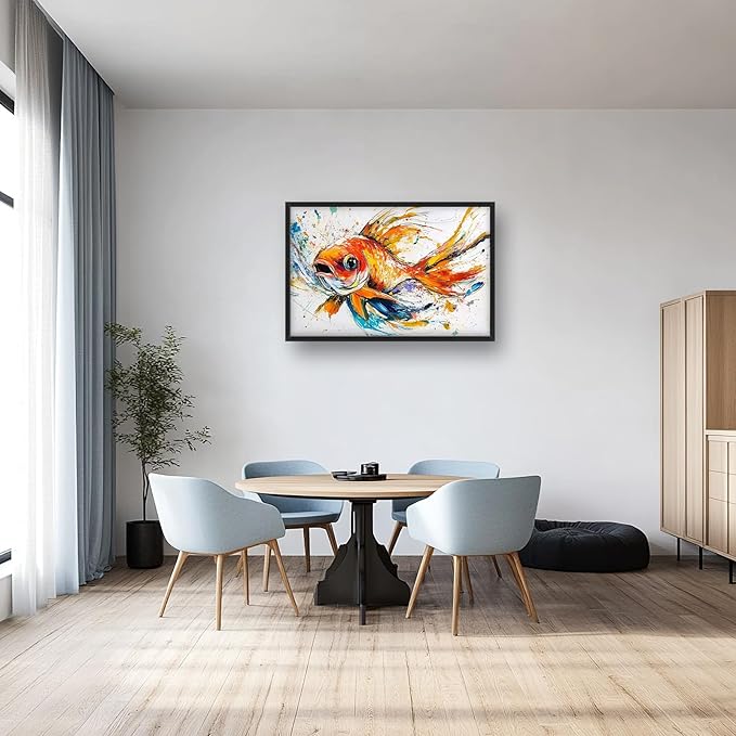 Framed Large Fish Wall Art for Living Room, Oversized Graffiti Goldfish Wall Decor Watercolor Fishing Canvas Painting Modern Artwork Home Decoration for Living Room Bedroom Office 36"x24"-PawvioPets
