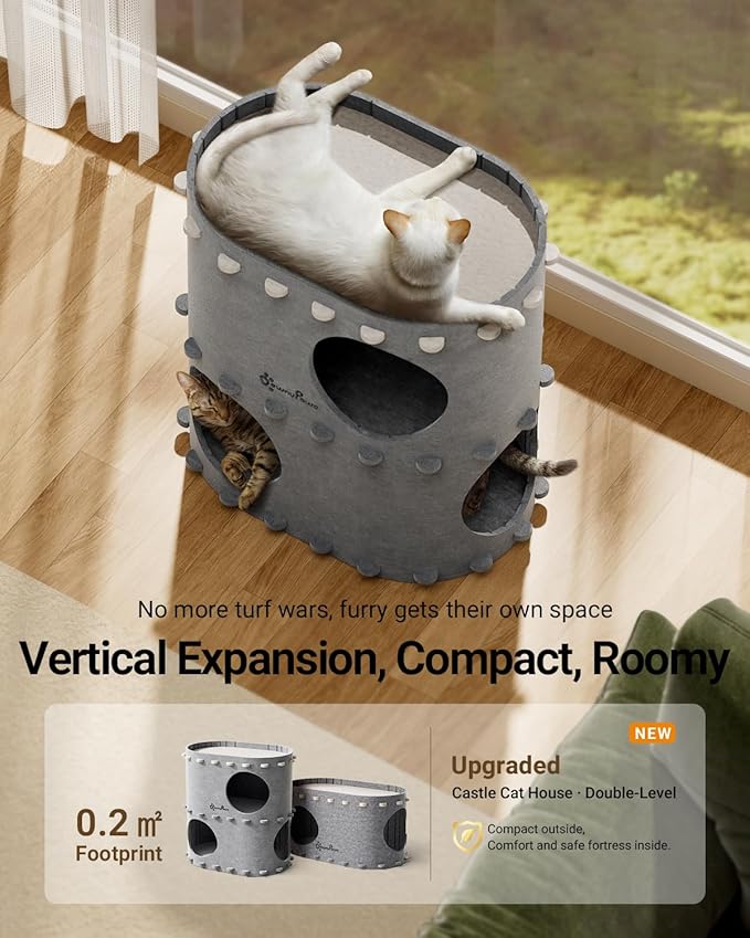 DownyPaws Cat House for Indoor Cats, 2-Storey Foldable Cat Bed Cave, Felt Cats Tunnel Bed Condo, Castle Kitten Cube Hideaway for Multicats, Scratch Resistant, Light Gray-PawvioPets