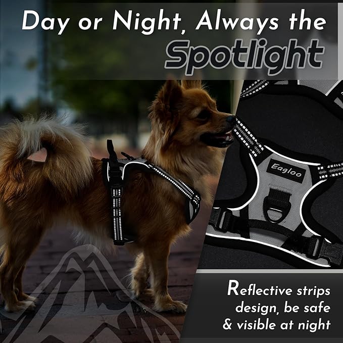 Eagloo Small Dog Harness No Pull, Service Vest with Reflective Strips and Control Handle, Adjustable and Comfortable for Walking, No Choke Pet Harness with 2 Metal Rings, Grey, XS-PawvioPets