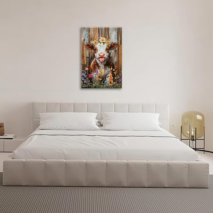 Funny Cow Bathroom Pictures Wall Art, Rustic Brown Cute Cow Bathroom Wall Decor, Farmhouse Floral Framed Painting Animal Flower Canvas Artwork for Bedroom Living Room Decorations 24"L x 16"W-PawvioPets