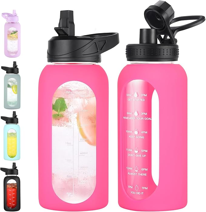32 oz Glass Water Bottle with Straw and Handle, Sports Motivational Water Flask with Silicone Sleeve, Large Leakproof Water Flask Cup with Time Marker for Travel, Gym, Hot Pink-PawvioPets