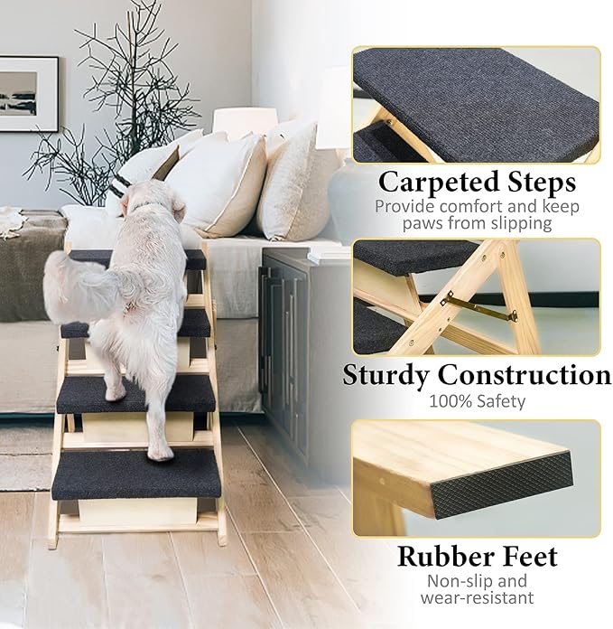 BRIKY 2-in-1 Dog Stairs/Ramp with 4 Steps, Foldable Dog Stairs for High Beds Cars Couch, Durable Wooden Pet Stairs for Small Medium Large Dogs, No Assembly Required-PawvioPets