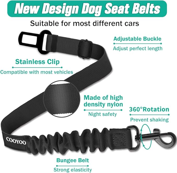 COOYOO Dog Seat Belt, Durability Retractable Dog Car Harness Adjustable Dog Seat Belt for Vehicle Nylon Pet Safety Seat Belts Heavy Duty & Elastic (1 Pack Black)-PawvioPets
