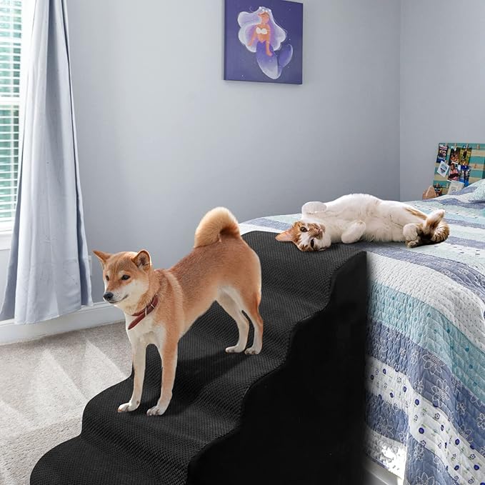 Dog Stairs&Steps for High Beds Up to 28'', 5-Step Dog Ramp for Small Medium Dogs with Washable Cover, Pet Steps for Cats to Get on Couch and Sofa, Durable Foam Ladders, 24.4" Tall, Black-PawvioPets
