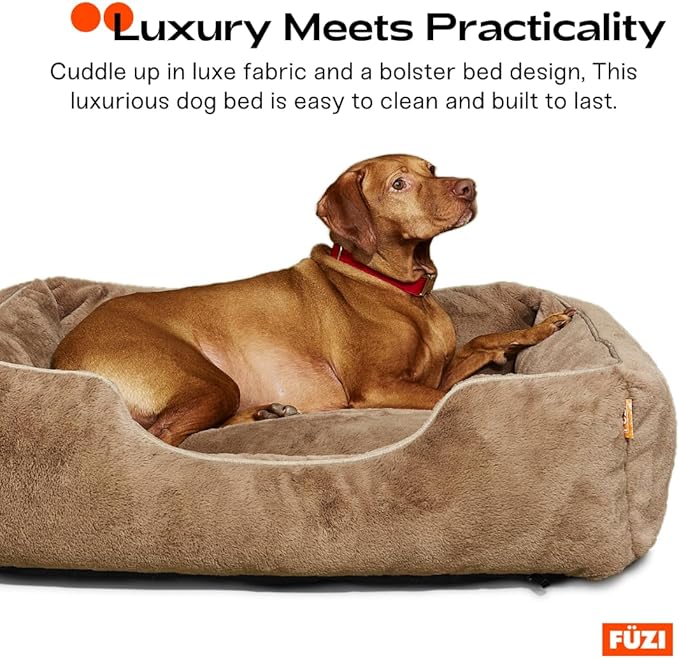 FUZI Luxury Aesthetic Dog Bed for Large Dogs with Washable Cover, Pet Couch, Pet Bed with Sides, Non-Slip Bottom, Soft and Durable Calming Dog Bed, Faux Rabbit Fur, Large 31.75x23.6x9.5 Light Brown-PawvioPets