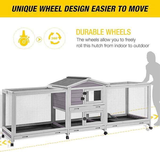 Aivituvin Rabbit Hutch Large 2-Story Bunny Cage Indoor Outdoor on Wheels Bunny House with Run,Pull-Out Tray-PawvioPets
