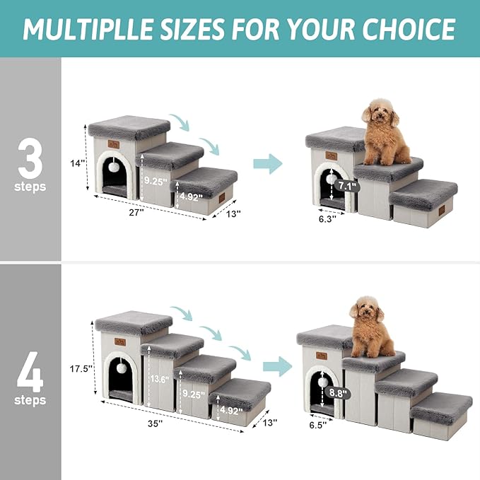 Dog Stairs for Small Dogs with Storage and Condo, 14" H Foldable Pet Stairs for Small Medium or Puppy Dogs and Older Cats, Dog Steps for Bed or Couch, 13x27x14 inch, 3 Tiers, Grey-PawvioPets
