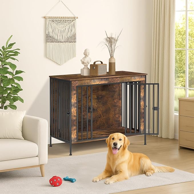 Dog Crate Furniture 40" Sturdy Heavy Duty Dog Kennel Solid Metal Tube Thick Wooden with 3 Lockable Doors Single Dog Cage Large Breed as TV Stand End Table for Large Dog Rustic Brown-PawvioPets