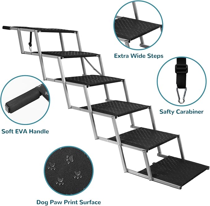 Extra Wide Dog Stairs for Large Dogs,Dog Ramps for Cars,Portable Folding Doggy Stairs for Cars,SUV,Trucks,Pet Ramp with Non-Slip Surface,Pet Steps Supports Up to 250 lb,6 Steps-PawvioPets