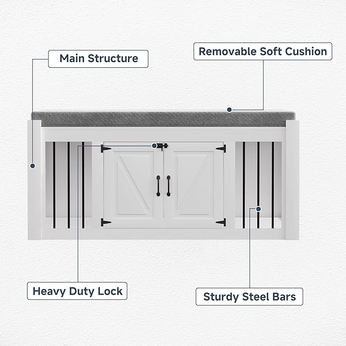 Dog Crate Furniture with Padded Seat, Luxury Wooden Dog Kennel, End of Bed Bench Ottoman with Removable Cushion for Bedroom, Living Roome, White-PawvioPets