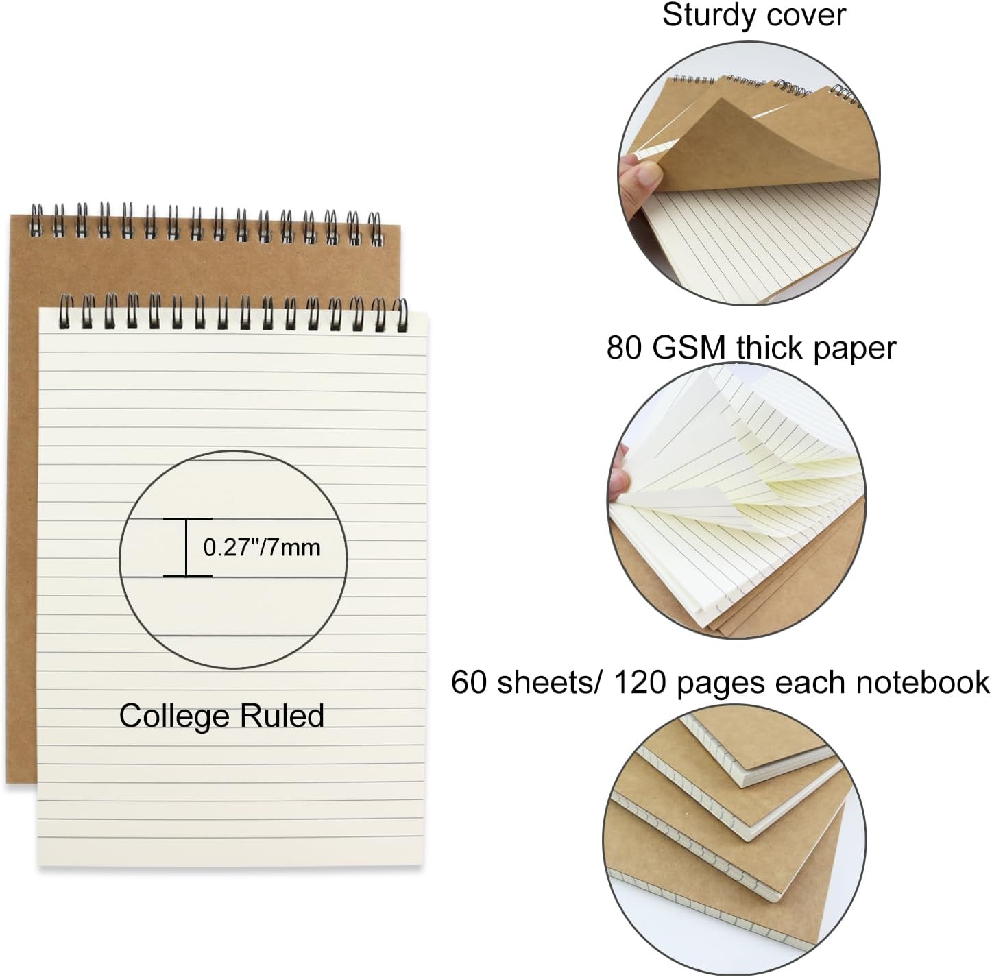 4 Pcs Top Bound Spiral Notebook,8.3 inch x 5.8 inch,60 Sheet,7mm College Ruled Paper,A5 Spiral Note Pads Memo Lined Notebook Journal for School and Office Supplies (Kraft)