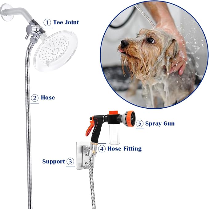 Dog Shower Attachment Water Hose Nozzle Sprayer Set with Metal 3-Way Shower Diverter & 6.6 Ft Long Hose for Bathroom Shower Arm Easy Indoor Outdoor Pet Pup Dog Washing Hose attachment-PawvioPets