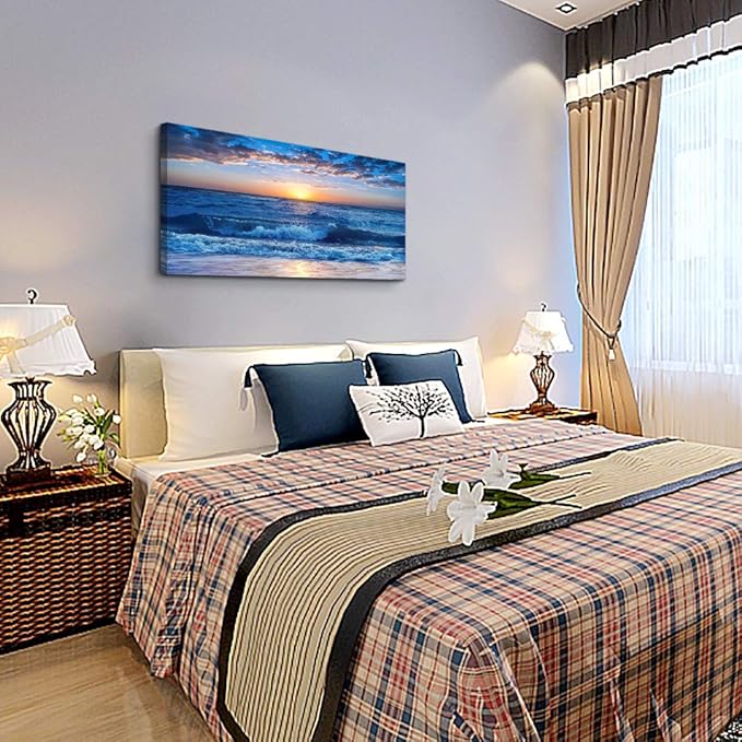 canvas wall art for living room Blue Ocean Sea sun landscape painting bathroom Wall Decor Ready to Hang for Home Decorations office family bedroom kitchen Works canvas Prints pictures 24" x 48"inch-PawvioPets