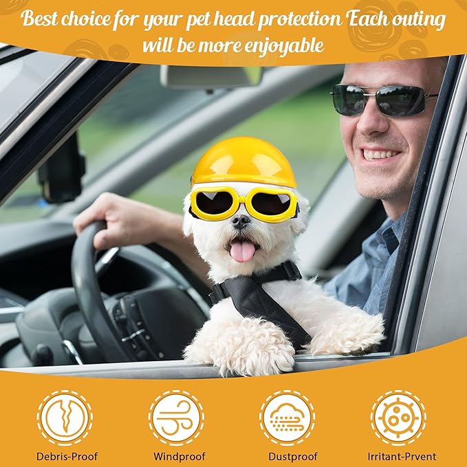 Frienda Dog Helmet and Goggles, UV Protection Doggy Sunglasses and 4 Inch Padded Puppy Motorcycle Helmet Adorable Dog Goggles with Adjustable Belt for Small Dogs Puppy Riding(Yellow,S)-PawvioPets